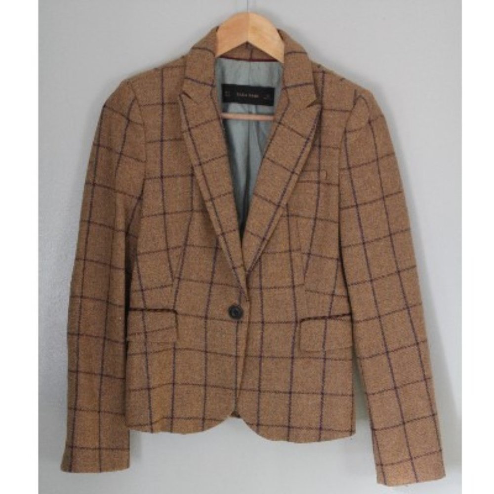 Zara Tweed Wool Blazer with Elbow Patches Small